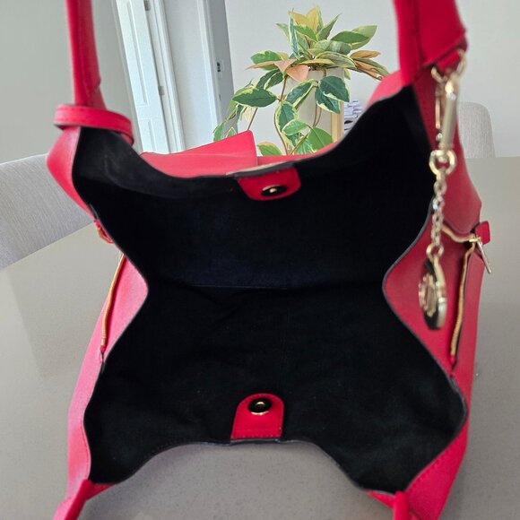 DKNY Red Genuine Leather Zip Side Tote Bag with Pouch Black Interior Gold Logo - Picture 14 of 17